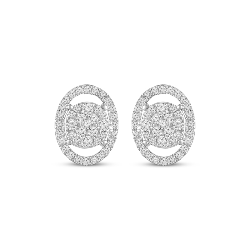 Multi-Diamond Center Oval Halo Stud Earrings 1/2 ct tw White Gold Plated