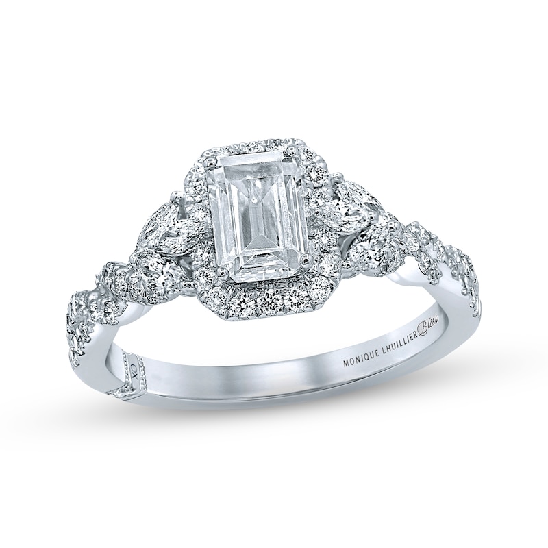 Monique Lhuillier Bliss Diamond Engagement Ring 1-3/8 ct tw Emerald & Round-cut White Gold Plated