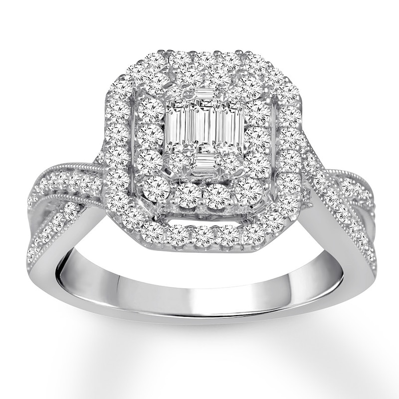 Diamond Engagement Ring 1 ct tw Baguette & Round White Gold Plated