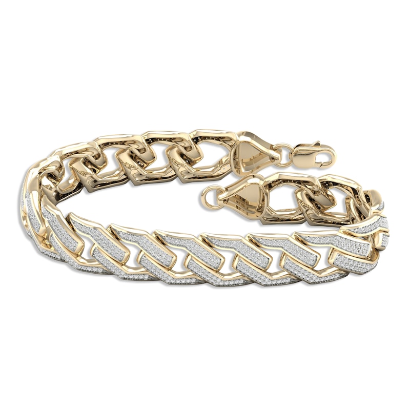 Men's Diamond Angled Curb Bracelet Yellow Gold Plated 8.5