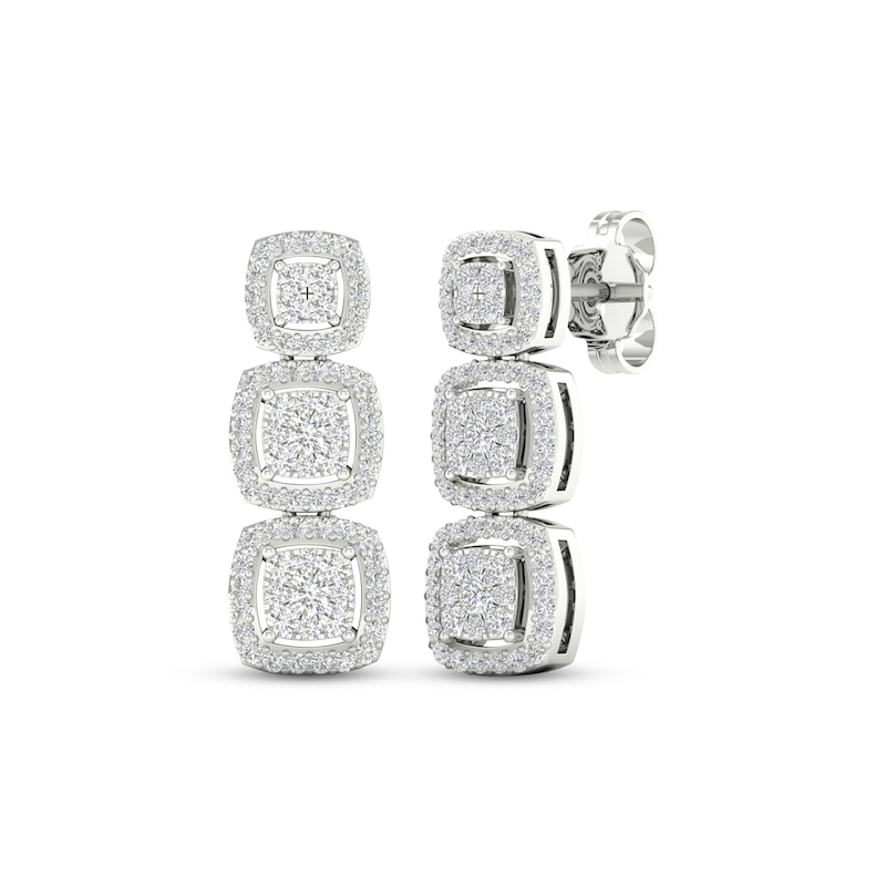 Multi-Diamond Three Cushion Drop Earrings 1/2 ct tw Round-cut White Gold Plated