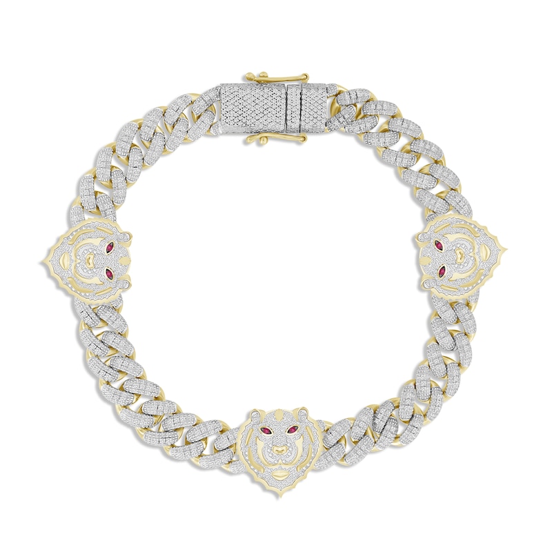 Men's Diamond & Lab-Created Ruby Tiger Head Bracelet 1-1/4 ct tw Yellow Gold Plated 8.5
