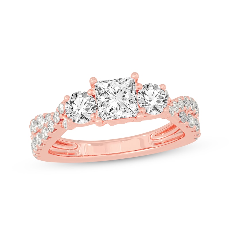 Princess & Round-Cut Three-Stone Diamond Engagement Ring 2 ct tw Rose Gold Plated