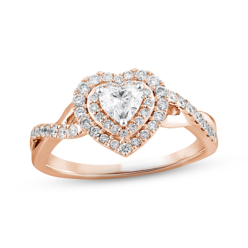 Diamond Halo Engagement Ring 5/8 ct tw Heart & Round-cut Rose Gold Plated