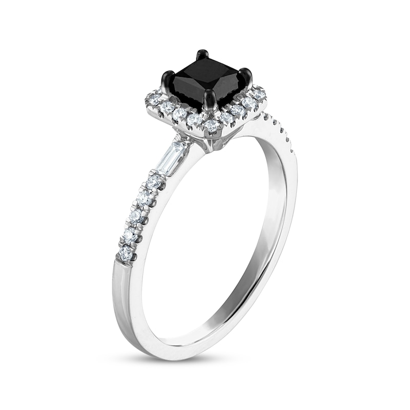 Princess-Cut Black Diamond & White Diamond Halo Engagement Ring 1 ct tw White Gold Plated