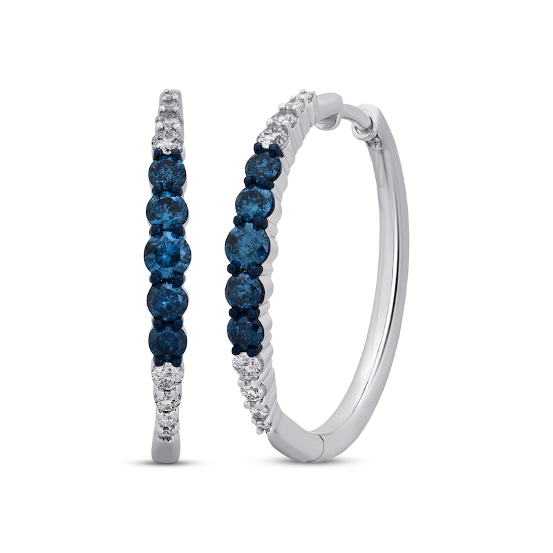 Blue & White Diamond Hoop Earrings 1 ct tw Round-cut White Gold Plated