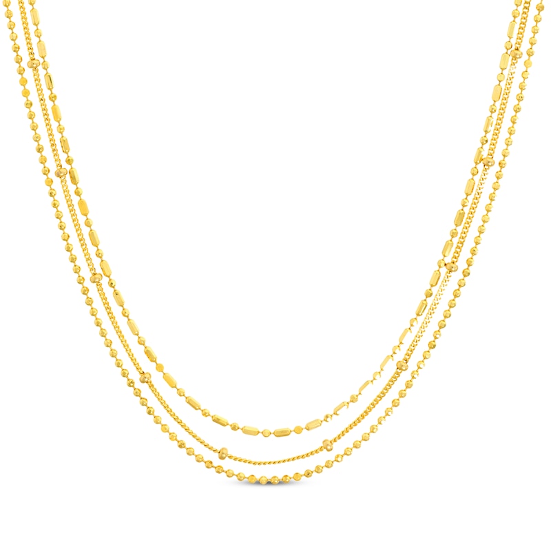 Mixed Bead Three-Strand Chain Necklace Yellow Gold Plated 18