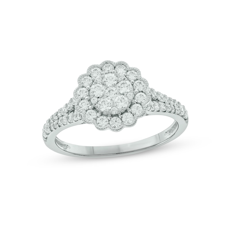 Diamond Flower Promise Ring 3/4 ct tw Round-cut White Gold Plated