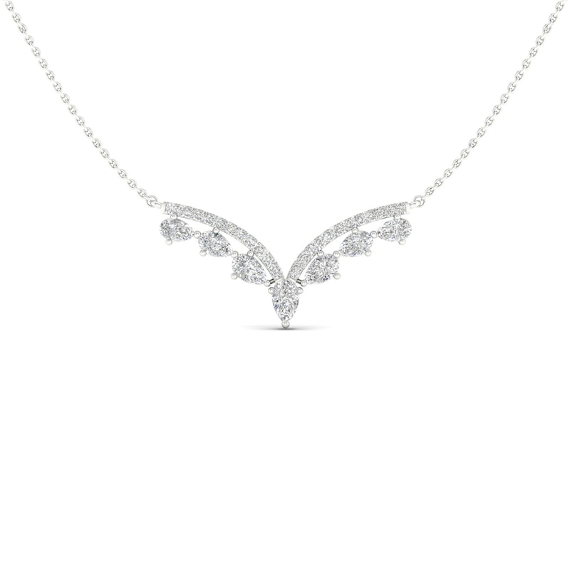 Diamond V Necklace 1-1/2 ct tw Pear & Round-cut White Gold Plated 18