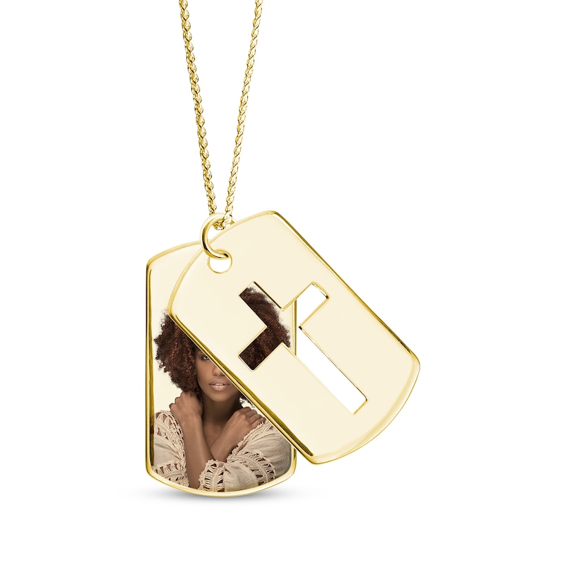 Men's Double Dog Tag Photo & Cross Swivel Necklace Yellow Gold Plated 22
