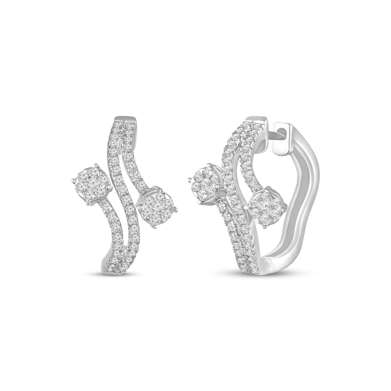 Multi-Diamond Center Bypass Hoop Earrings 1/2 ct tw White Gold Plated