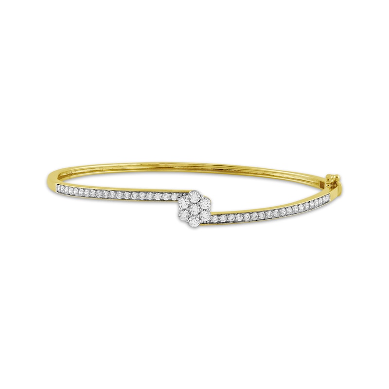 Diamond Flower Bypass Bangle Bracelet 1 ct tw Yellow Gold Plated