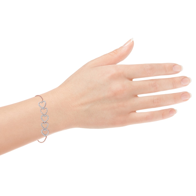 Diamond Stacked Hearts Bolo Bracelet 1/4 ct tw Rose Gold Plated