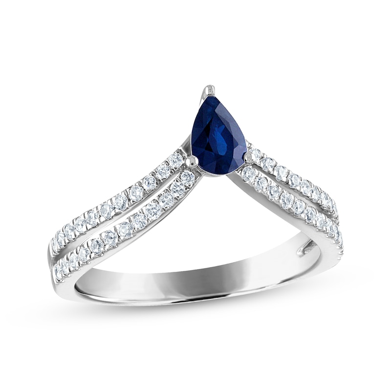 Blue Sapphire & Diamond Chevron Anniversary Band 1/4 ct tw Pear & Round-cut White Gold Plated