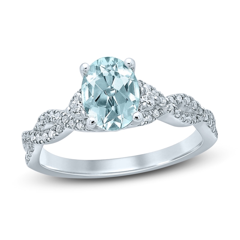 Oval Aquamarine Engagement Ring 1/4 ct tw Diamonds White Gold Plated
