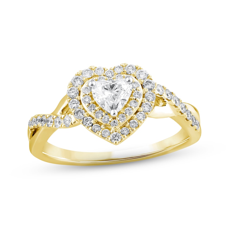 Diamond Halo Engagement Ring 5/8 ct tw Heart & Round-cut Yellow Gold Plated