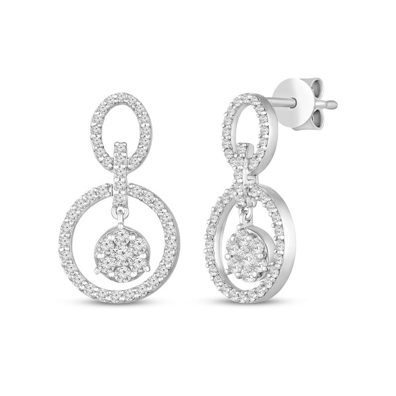 Diamond Oval & Circle Drop Earrings 3/4 ct tw White Gold Plated