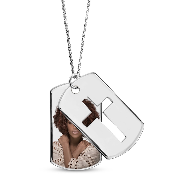 Men's Double Dog Tag Photo & Cross Swivel Necklace White Gold Plated 22