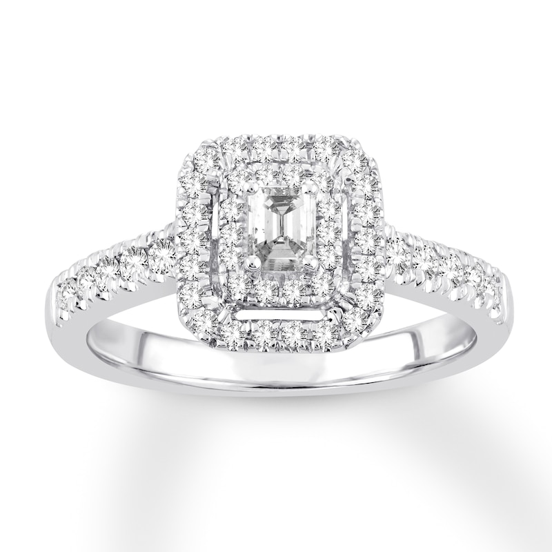 Diamond Engagement Ring 1/2 ct tw Emerald & Round White Gold Plated