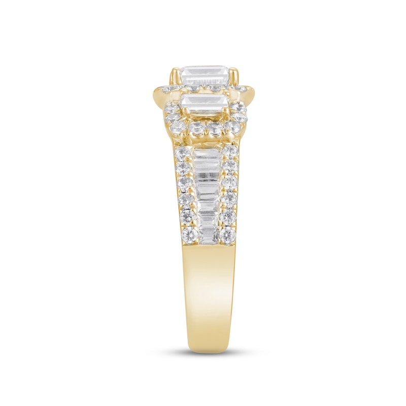 Diamond Three-Stone Engagement Ring 1-3/4 ct tw Emerald, Round & Baguette-cut Yellow Gold Plated