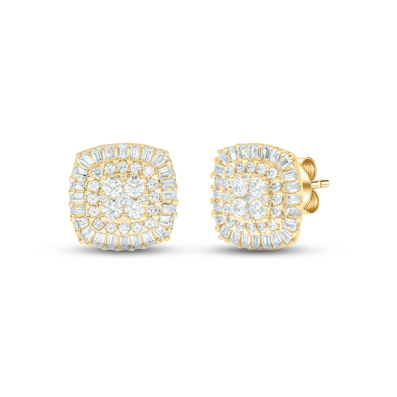 Diamond Cushion Earrings 1 ct tw Round & Baguette-cut Yellow Gold Plated