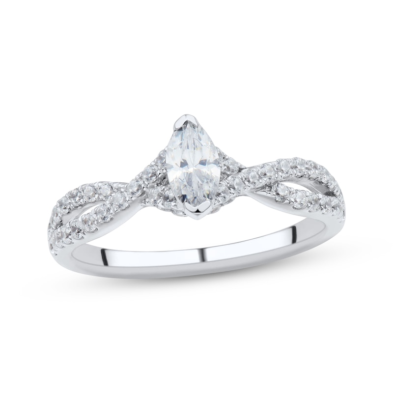 Marquise & Round-Cut Diamond Engagement Ring 3/4 ct tw White Gold Plated