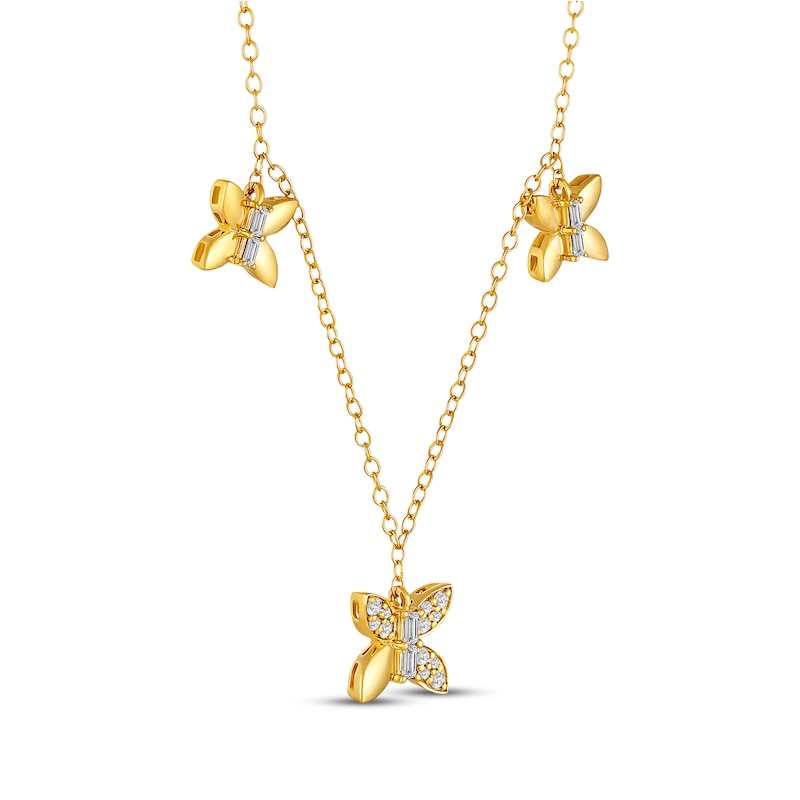 Baguette & Round-Cut Diamond Butterfly Trio Y-Drop Necklace 1/5 ct tw Yellow Gold Plated  18