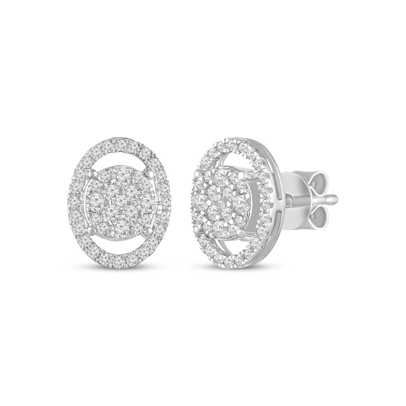 Multi-Diamond Center Oval Halo Stud Earrings 1/2 ct tw White Gold Plated