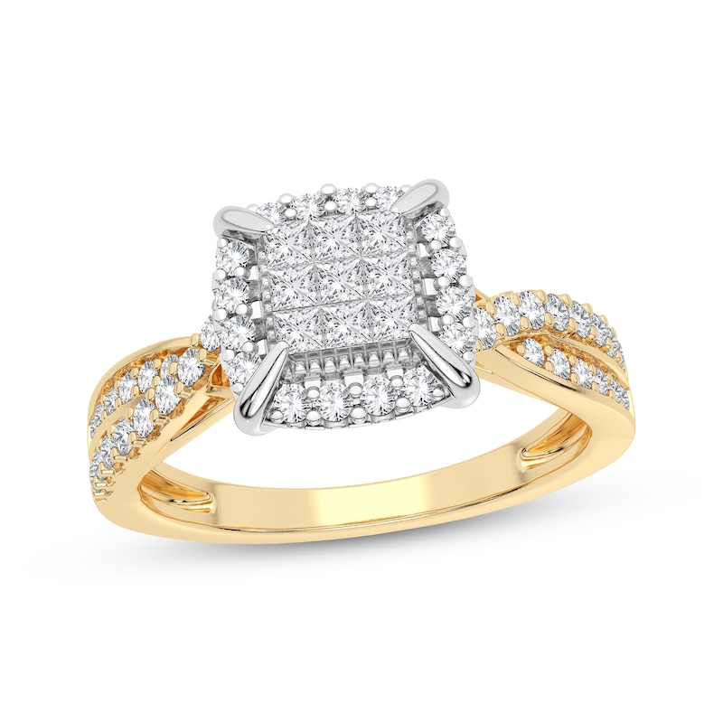 Multi-Diamond Center Engagement Ring 3/8 ct tw Princess & Round-cut Yellow Gold Plated