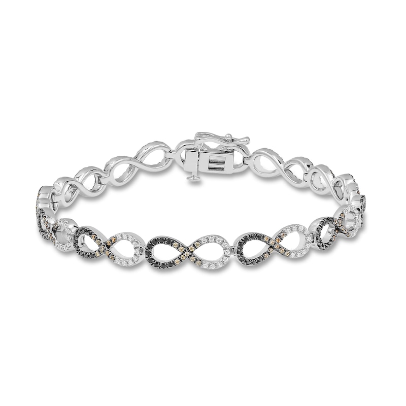 Black/Brown/White Diamond Infinity Bracelet 1-1/2 ct tw Silver Plated 7.25