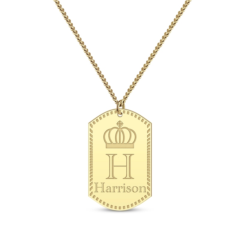 Men's Name & Initial with Crown Dog Tag Necklace Yellow Gold Plated 22