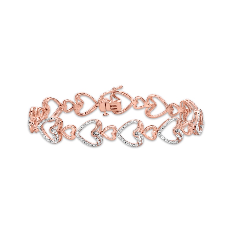 Diamond Stacked Hearts Link Bracelet 1/2 ct tw Rose Gold Plated 7