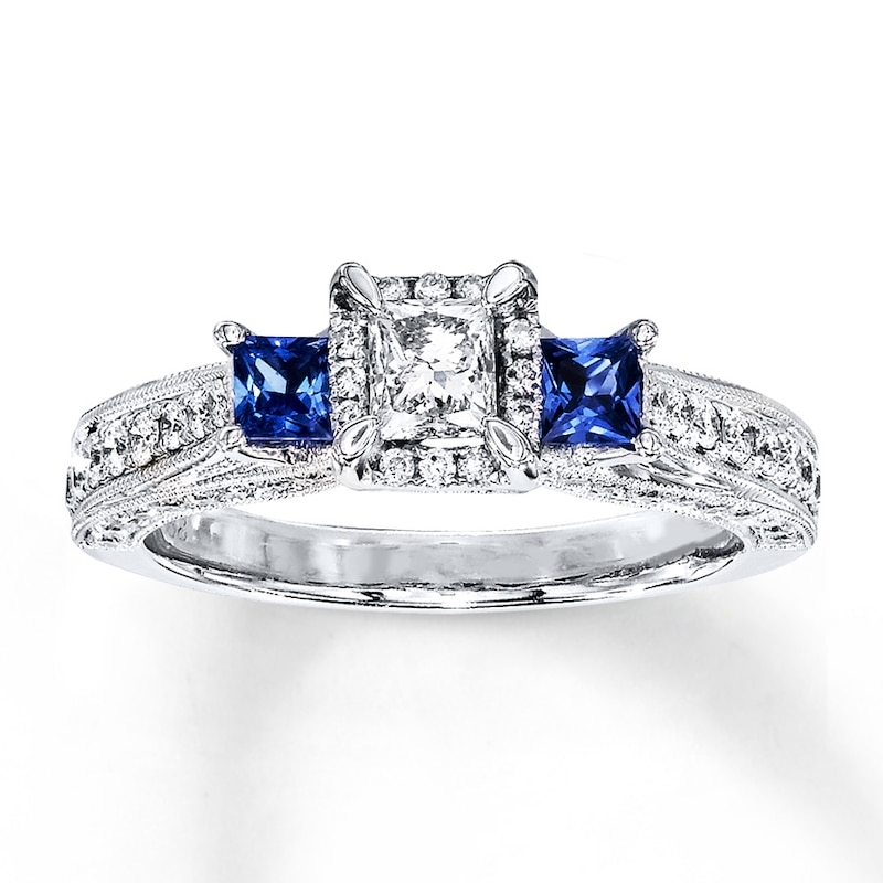 3-Stone Diamond & Sapphire Ring 1 ct tw Princess-cut 14K White Gold