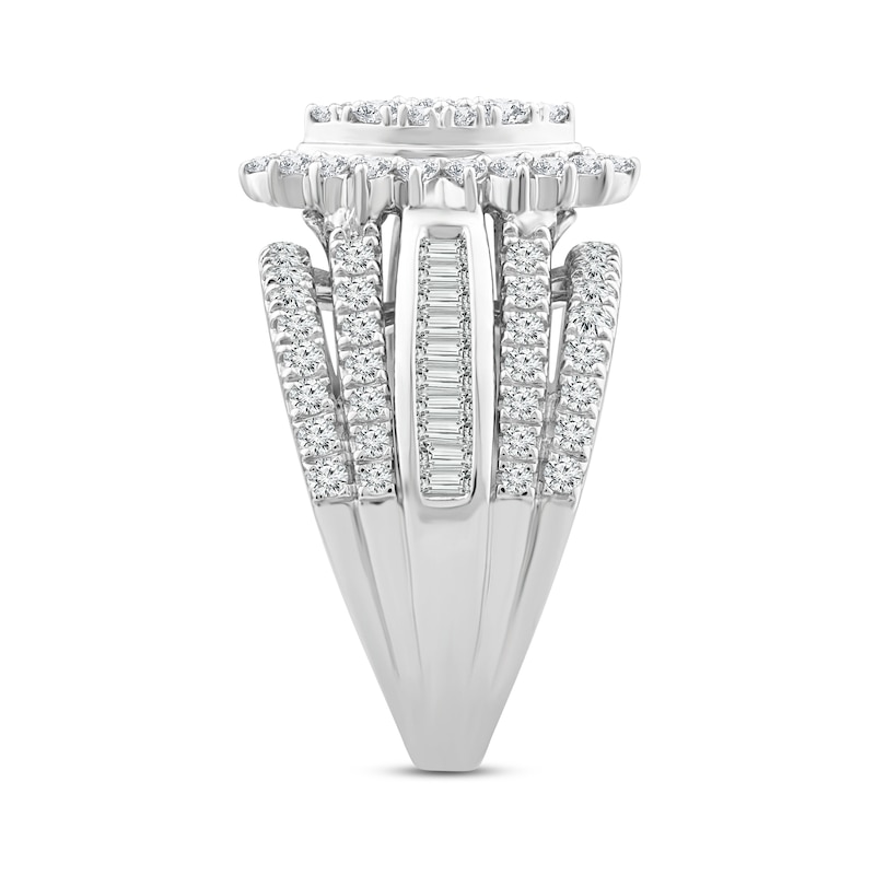 Multi-Diamond Engagement Ring 2 ct tw Round & Baguette White Gold Plated