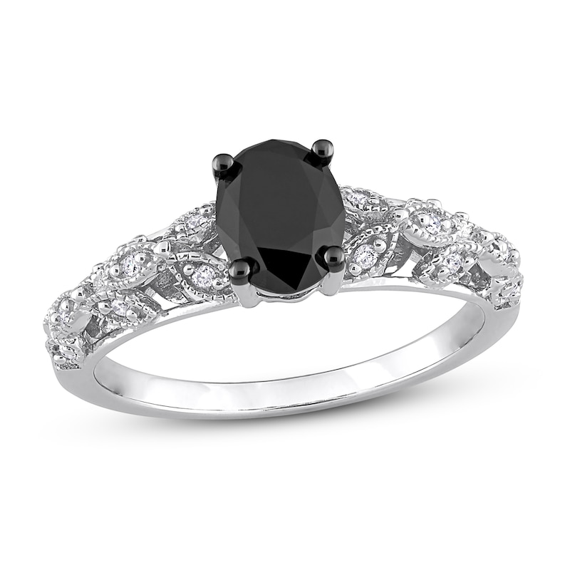 Black & White Diamond Engagement Ring 1 ct tw Oval & Round  White Gold Plated