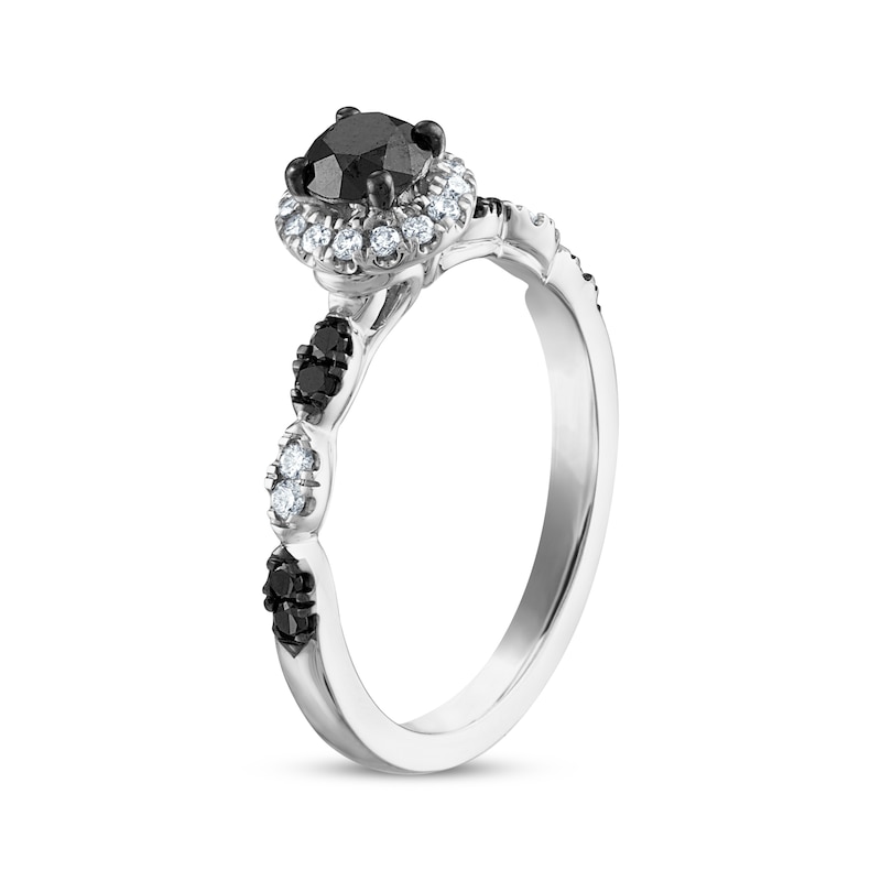 Round-Cut Black & White Diamond Halo Engagement Ring 3/4 ct tw White Gold Plated