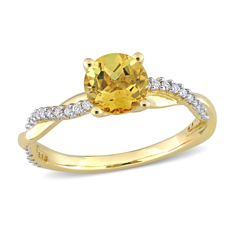 Round Citrine Engagement Ring 1/6 ct tw Diamonds Yellow Gold Plated