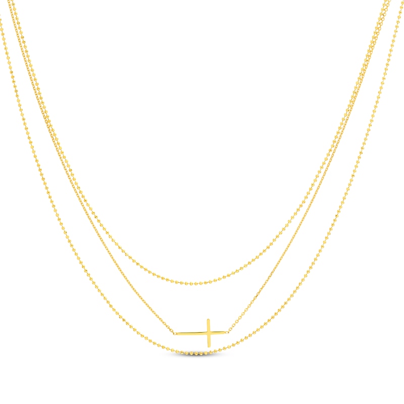Three-Strand Sideways Cross Necklace Yellow Gold Plated 18