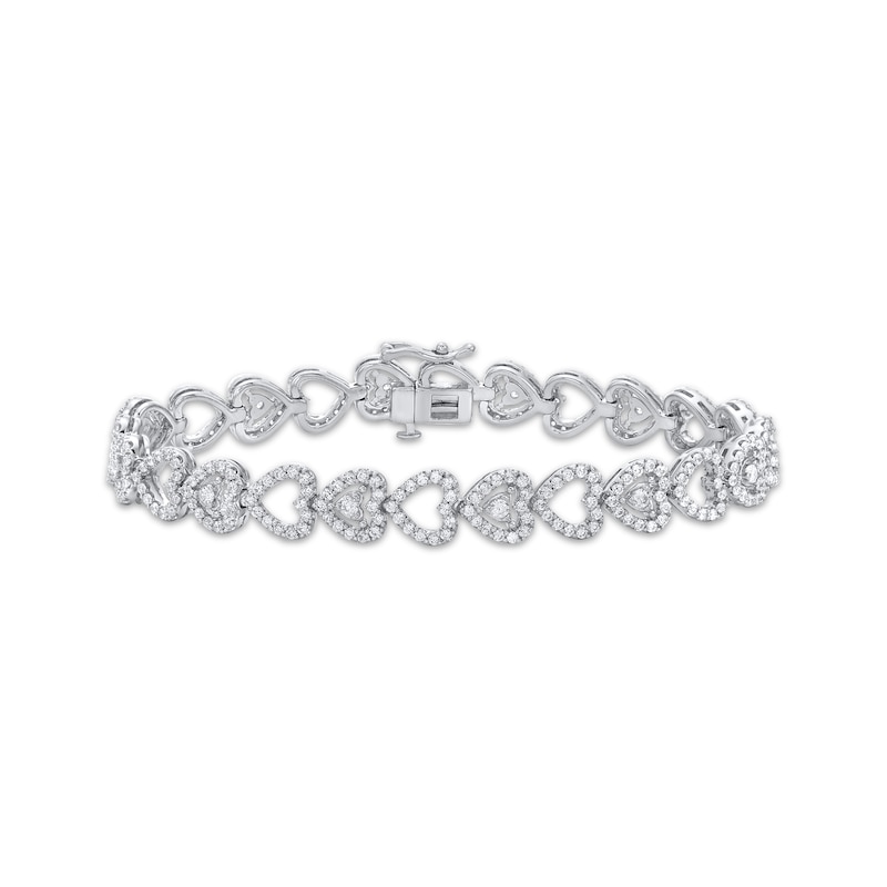 Diamond Stacked Hearts Link Bracelet 3-1/2 ct tw White Gold Plated 7