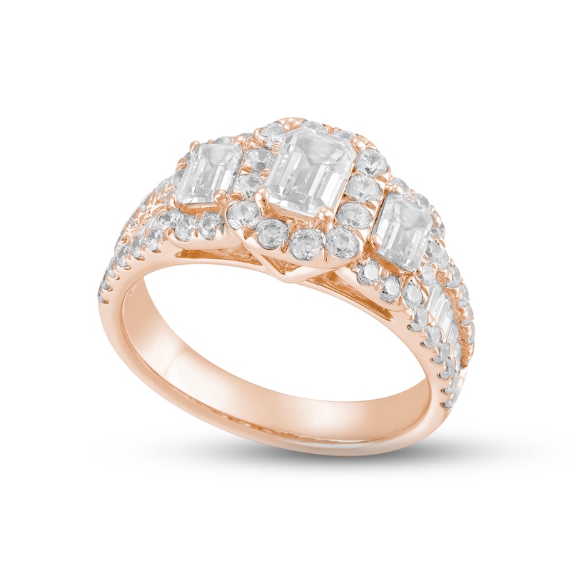Diamond Three-Stone Engagement Ring 1-3/4 ct tw Emerald, Round & Baguette-cut Rose Gold Plated