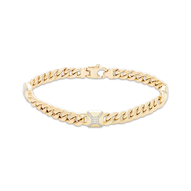 Men's Diamond Station Solid Cuban Curb Chain Bracelet 1/4 ct tw Yellow Gold Plated 8.5