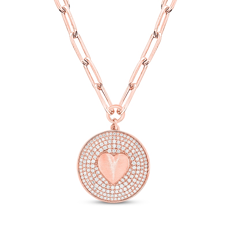 Round-Cut Diamond Heart Disc Paperclip Chain Y-Drop Necklace 1 ct tw Rose Gold Plated 18”