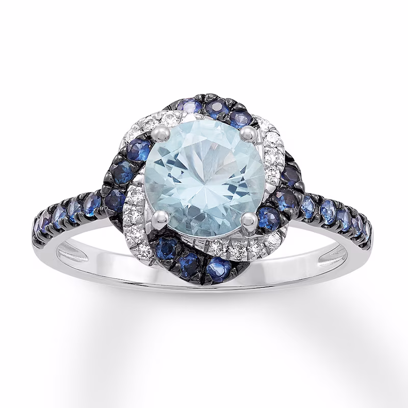 Now + Forever Aquamarine & Lab-Created Sapphire Engagement Ring Round-cut 14K White Gold