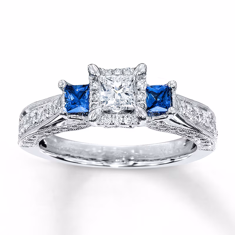 Diamond/Sapphire Ring 1 ct tw Princess & Round-cut 14K White Gold - Size 10