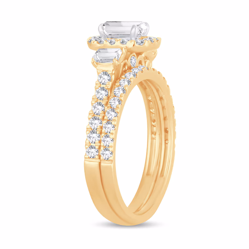 Diamond Bridal Set 1-1/2 ct tw Emerald/Round-cut 14K Yellow Gold