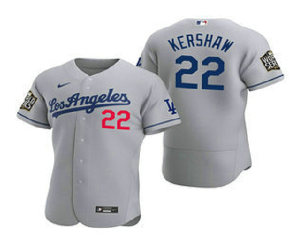 Men's Los Angeles Dodgers #22 Clayton Kershaw Gray 2020 World Series Road Flex Base  Jersey