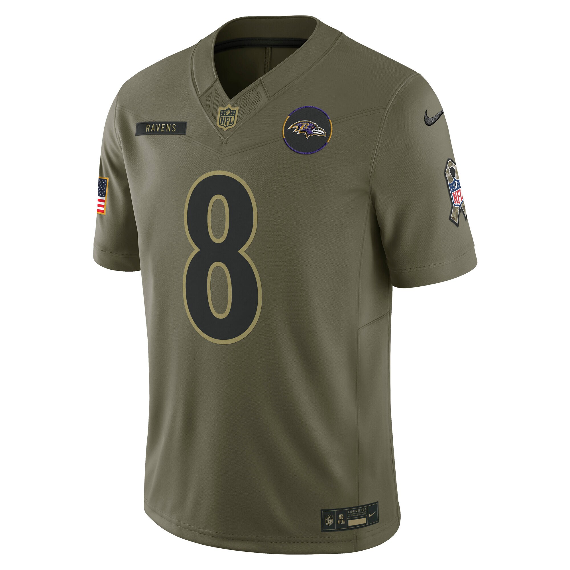 Men's Baltimore Ravens Lamar Jackson Olive 2025 Salute to Service Limited Jersey