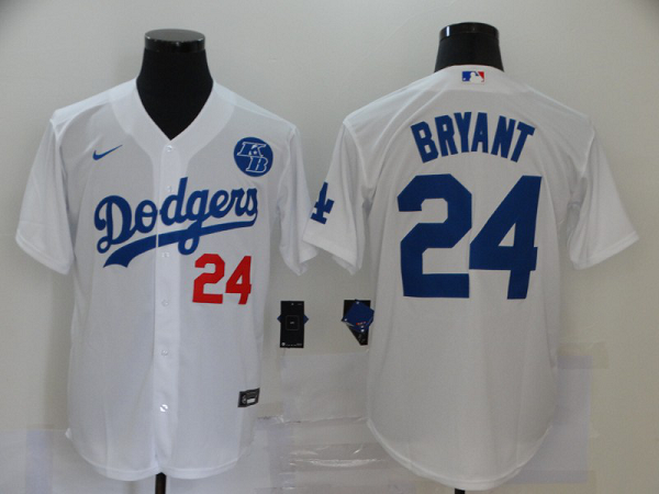 Men's Los Angeles Dodgers #24 Kobe Bryant White KB Patch Stitched MLB Cool Base  Jersey