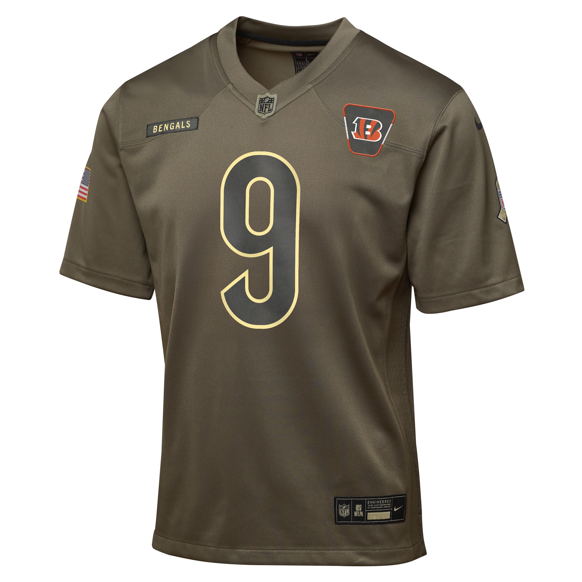 Youth Cincinnati Bengals Joe Burrow Olive 2025 Salute to Service Game Jersey