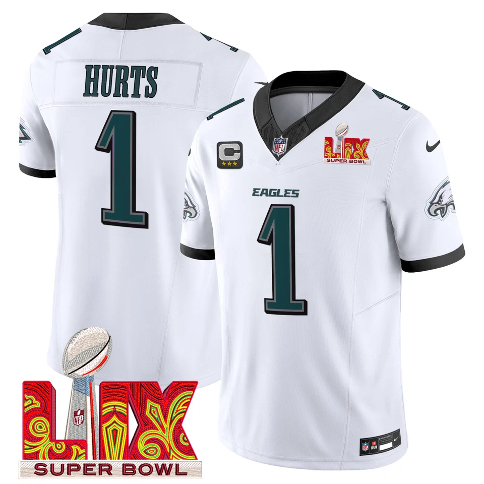 Men's #1 Jalen Hurts White  2025 Super Bowl LIX And 3-Star C F.U.S.E. Jersey